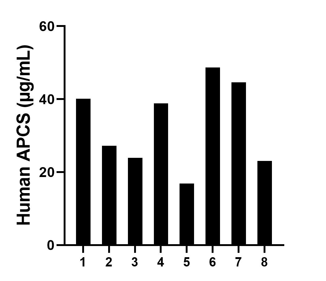 Serum of eight individual healthy human donors was measured. The human APCS concentration of detected samples was determined to be 32.91 µg/mL with a range of 16.86 - 48.68 µg/mL.